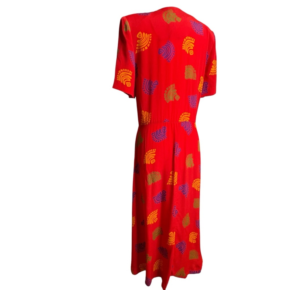 Bichon Red Midi 1/2 Button Up A Line Print Dress sz 6 - Picture 8 of 9